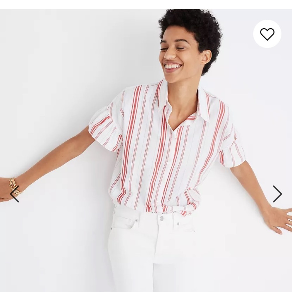 Madewell red and white striped button up top with ruffle sleeves. Large.